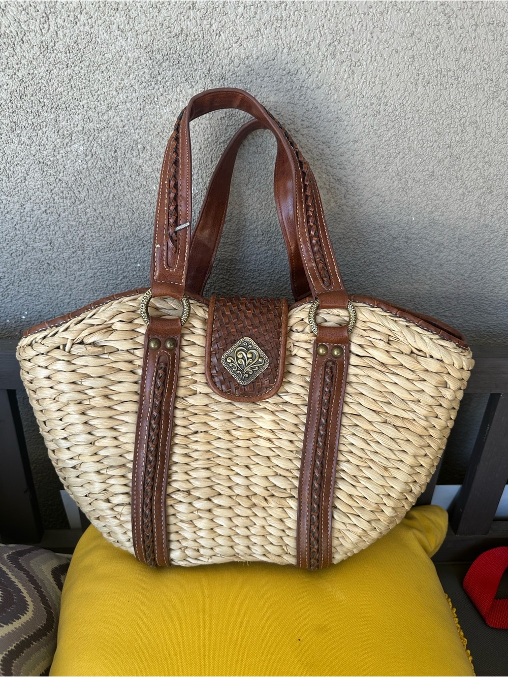 Woven Straw Tote with Brown Leather Trim